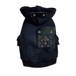 Black pet hoodie with decorative pocket on a white background