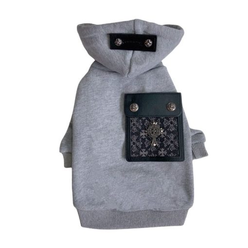 Gray dog hoodie with black pocket and decorative elements on a white background