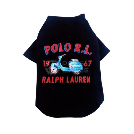 Black dog sweater with Polo Ralph Lauren logo and scooter design on a white background