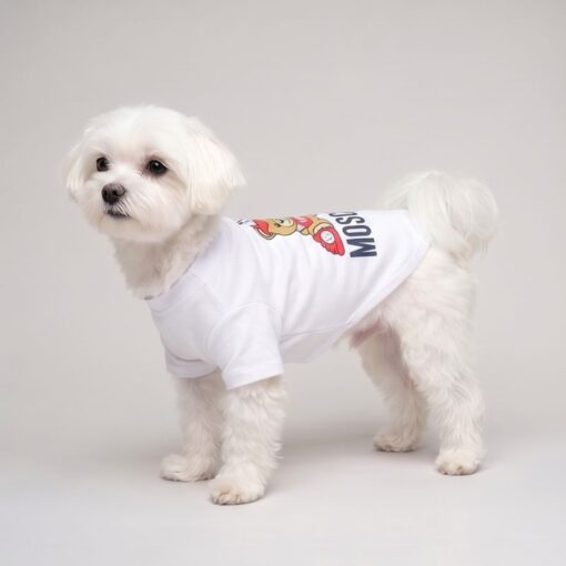 Side view of the white Pawchino Baseball Bear dog tee