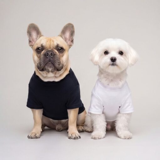 Two small dogs in black and white baseball bear dog tees
