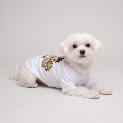 Small dog resting in the white Pawchino Pirate Bear dog tee