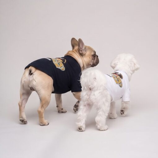 Black and white Pawchino Pirate Bear dog tees in a lifestyle view