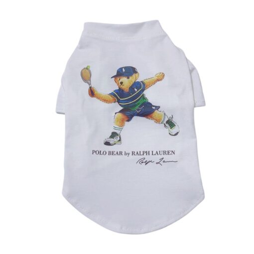 White Polo Pup Club Tennis Bear dog t-shirt with sporty graphic