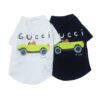 Black and white Pupchi Dog Driver dog t-shirts with colorful car graphic