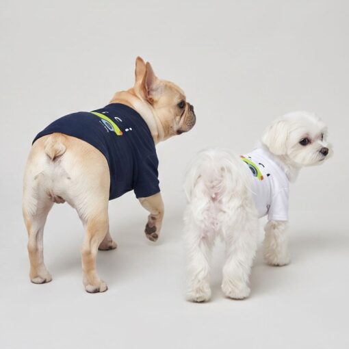 Two small dogs wearing Pupchi Dog Driver tees