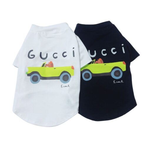 Black and white Pupchi Dog Driver dog t-shirts with colorful car graphic