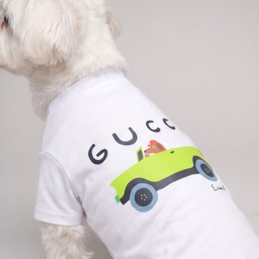 Close view of the white Pupchi Dog Driver car graphic