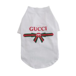 White Pupchi Ribbon dog t-shirt with red and green bow graphic