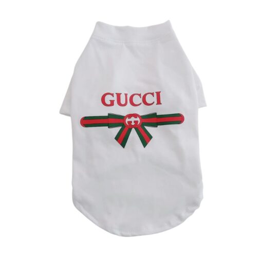 White Pupchi Ribbon dog t-shirt with red and green bow graphic