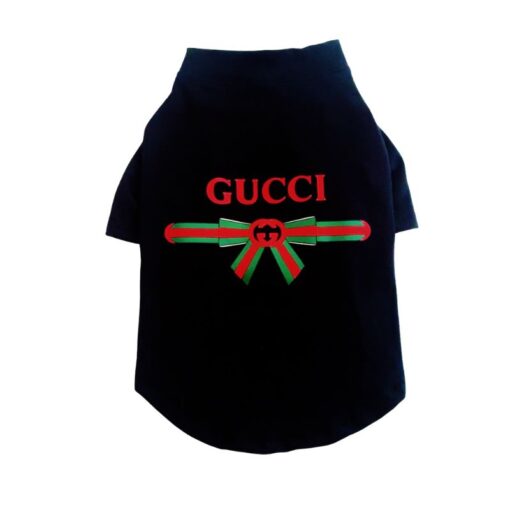 Black Pupchi Ribbon dog t-shirt with red and green bow graphic
