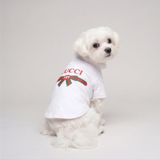 Small dog wearing the white Pupchi Ribbon dog tee