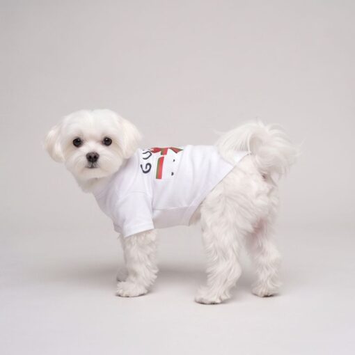 Side view of the white Pupchi Train dog t-shirt