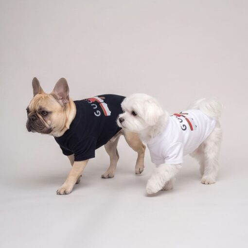Two small dogs wearing Pupchi Train graphic tees