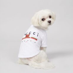 Paws Circle Small dog sitting in the white boutique stripe Train dog tee