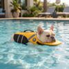 Dog wearing Paws Circle ChinGuard life vest by the swimming pool