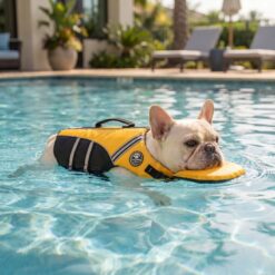 Dog wearing Paws Circle ChinGuard life vest by the swimming pool