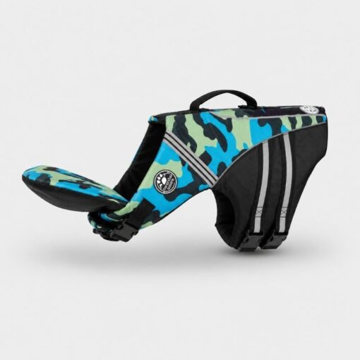 Blue patterned dog life vest with chin support by Paws Circle