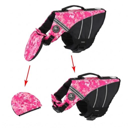 Detachable chin flap feature on Paws Circle patterned dog life vest