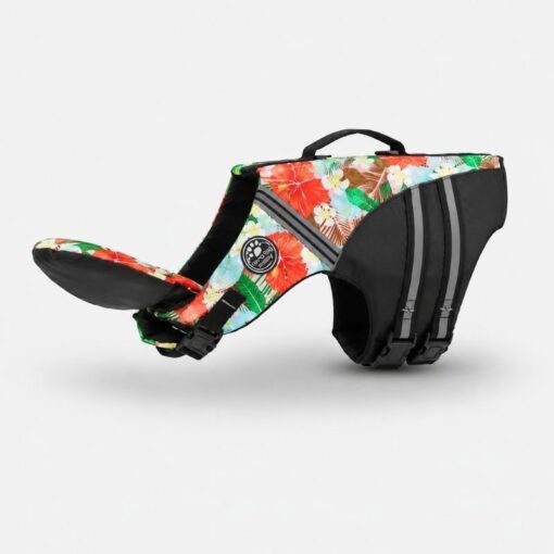 Red patterned dog life vest with chin support by Paws Circle