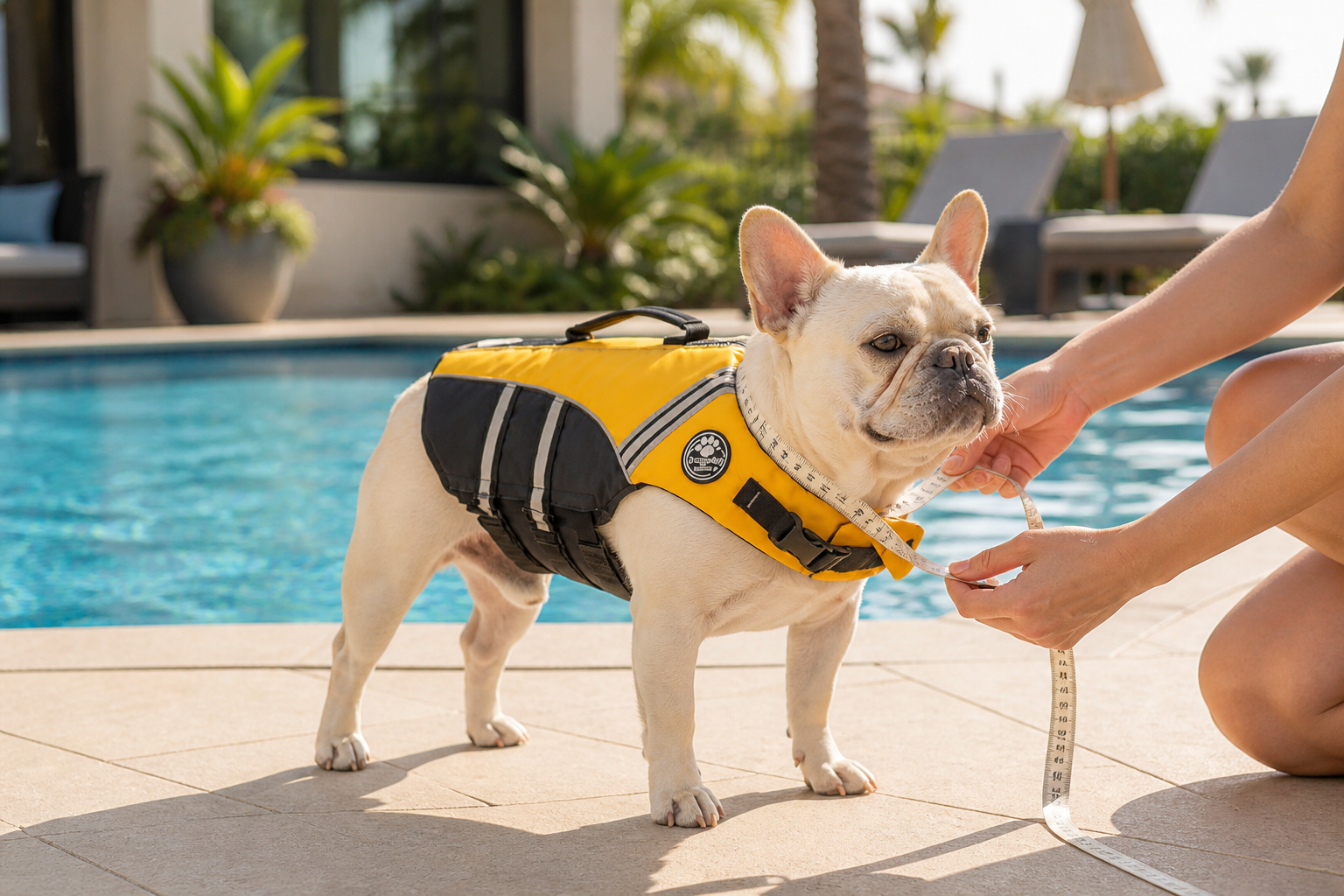 French Bulldog being measured while wearing a Paws Circle ChinGuard dog life jacket beside a pool