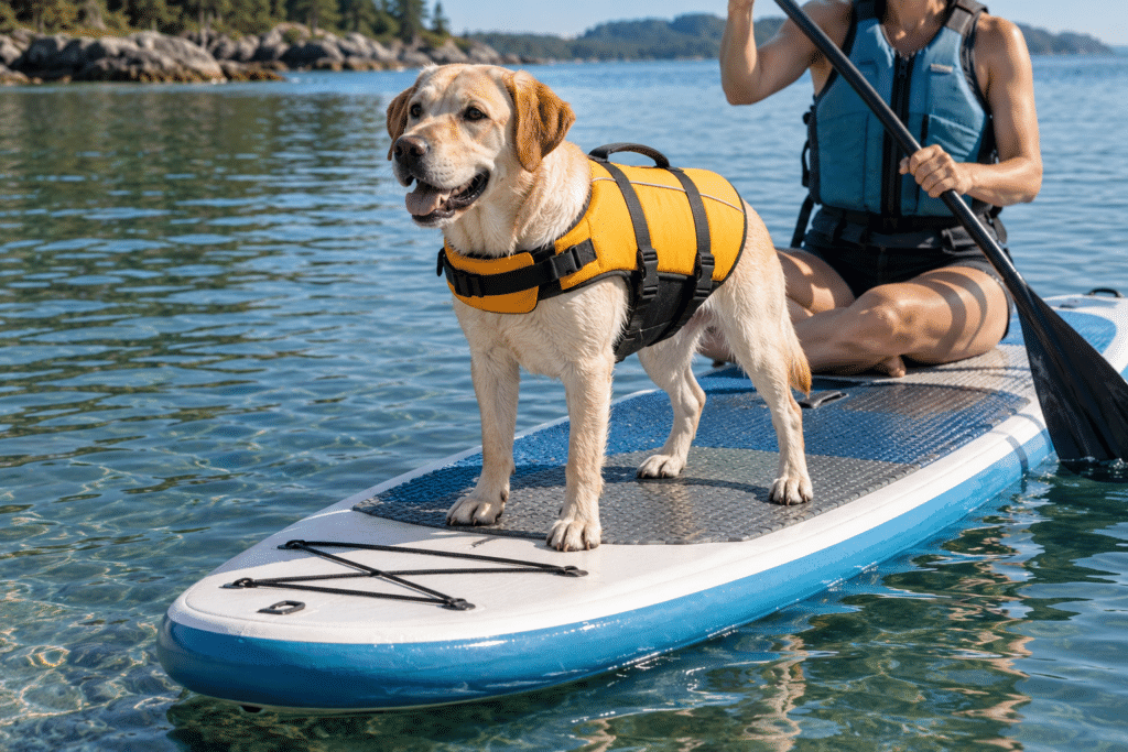 Dog wearing a life jacket while riding on a paddleboard