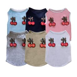 Paws Circle Cherry Bow Sleeveless Dog Tee flat lay showing all available colours and options