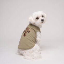 Dog model wearing the Paws Circle Leopard Cross Sleeveless Dog Tee