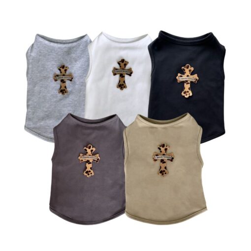 Paws Circle Leopard Cross Sleeveless Dog Tee flat lay showing all available colours and options