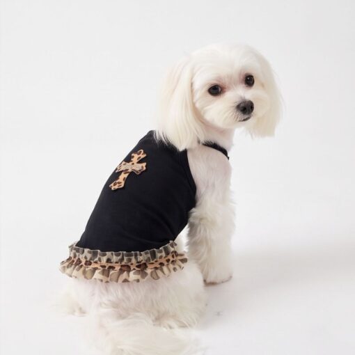 Dog model wearing the Paws Circle Leopard Cross Tutu Dog Dress