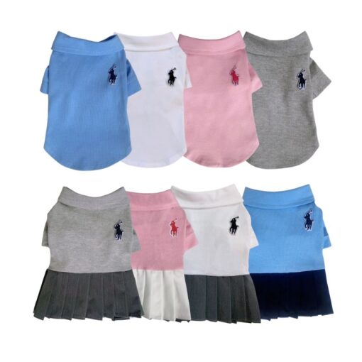 Paws Circle Rider Club Dog Polo Dress & Tee flat lay showing all available colours and options