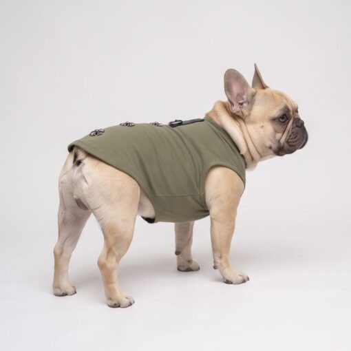 Dog model wearing the Paws Circle Studded Cross Sleeveless Dog Tee