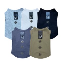 Paws Circle Studded Cross Sleeveless Dog Tee flat lay showing all available colours and options