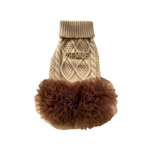 Paws Circle Boutique Cable-Knit Tutu Dog Dress in Beige