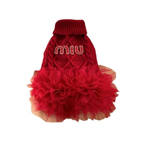 Paws Circle Boutique Cable-Knit Tutu Dog Dress in Red
