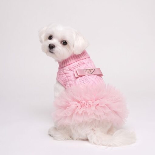 Dog model wearing the Paws Circle Triangle Ribbon Cable-Knit Tutu Dog Dress