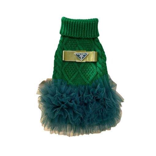 Paws Circle Triangle Ribbon Cable-Knit Tutu Dog Dress in Green