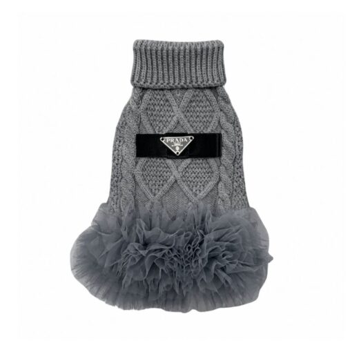 Paws Circle Triangle Ribbon Cable-Knit Tutu Dog Dress in Grey