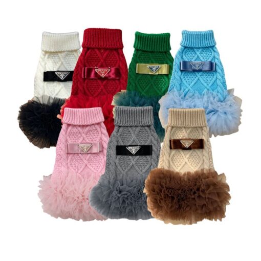 Paws Circle Triangle Ribbon Cable-Knit Tutu Dog Dress flat lay showing available options