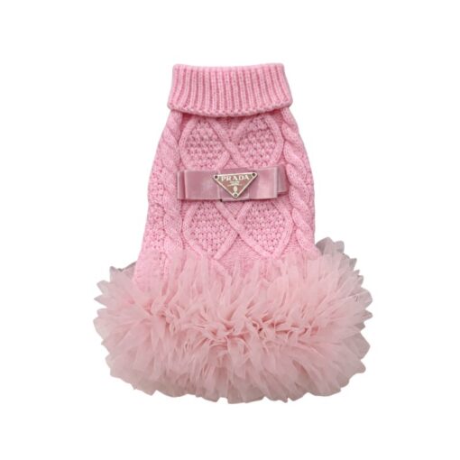 Paws Circle Triangle Ribbon Cable-Knit Tutu Dog Dress in Pink