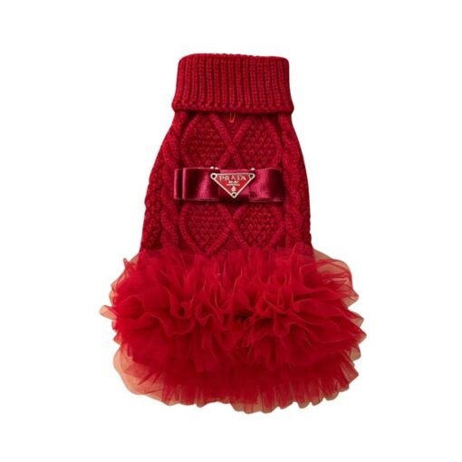 Paws Circle Triangle Ribbon Cable-Knit Tutu Dog Dress in Red