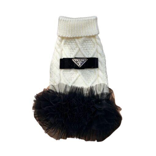 Paws Circle Triangle Ribbon Cable-Knit Tutu Dog Dress in White