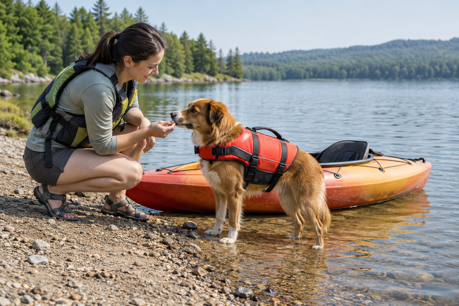 Owner introducing a dog in a life jacket to a kayak at the shoreline