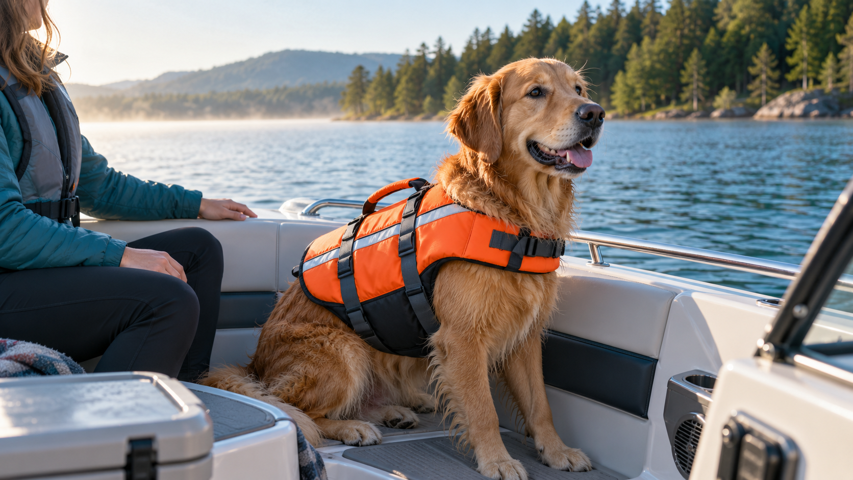 Golden Retriever wearing a dog life jacket aboard a boat on a calm lake